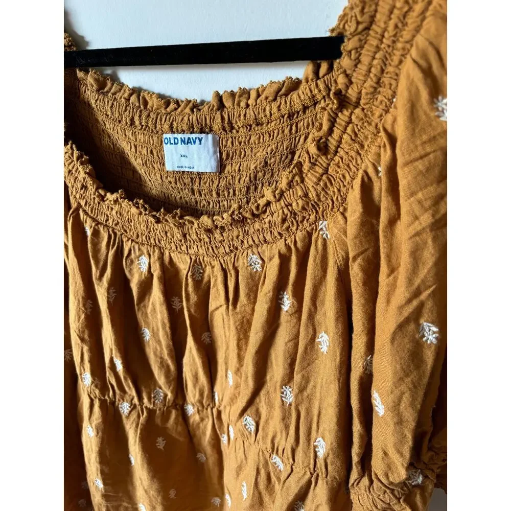 Old Navy Gold Puff Sleeve Smocked Embroidered Babydoll Blouse Plus Size XXL